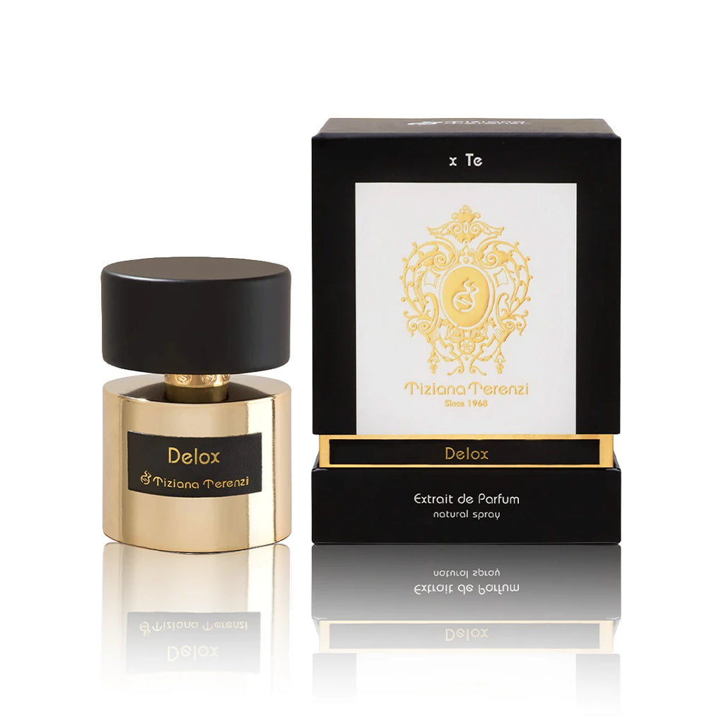 Tiziana Terenzi Delox Extrait de Parfum 100 ml Flakon mit Originalverpackung auf weißem Hintergrund