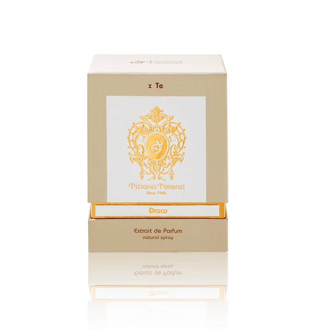 Tiziana Terenzi Draco Extrait de Parfum 100 ml mit Originalverpackung auf weißem Hintergrund