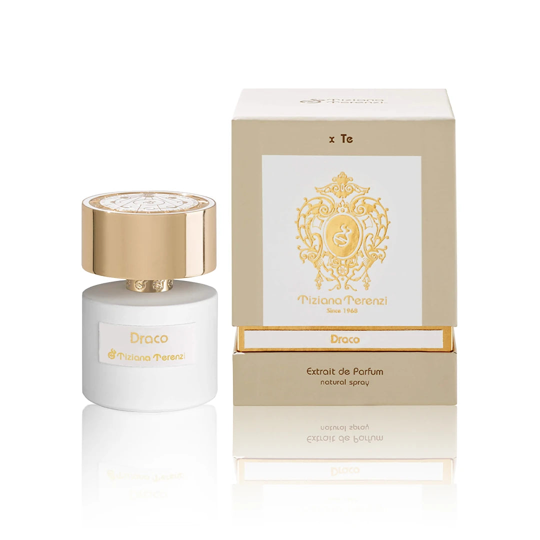 Tiziana Terenzi Draco Extrait de Parfum 100 ml Flakon mit Originalverpackung auf weißem Hintergrund