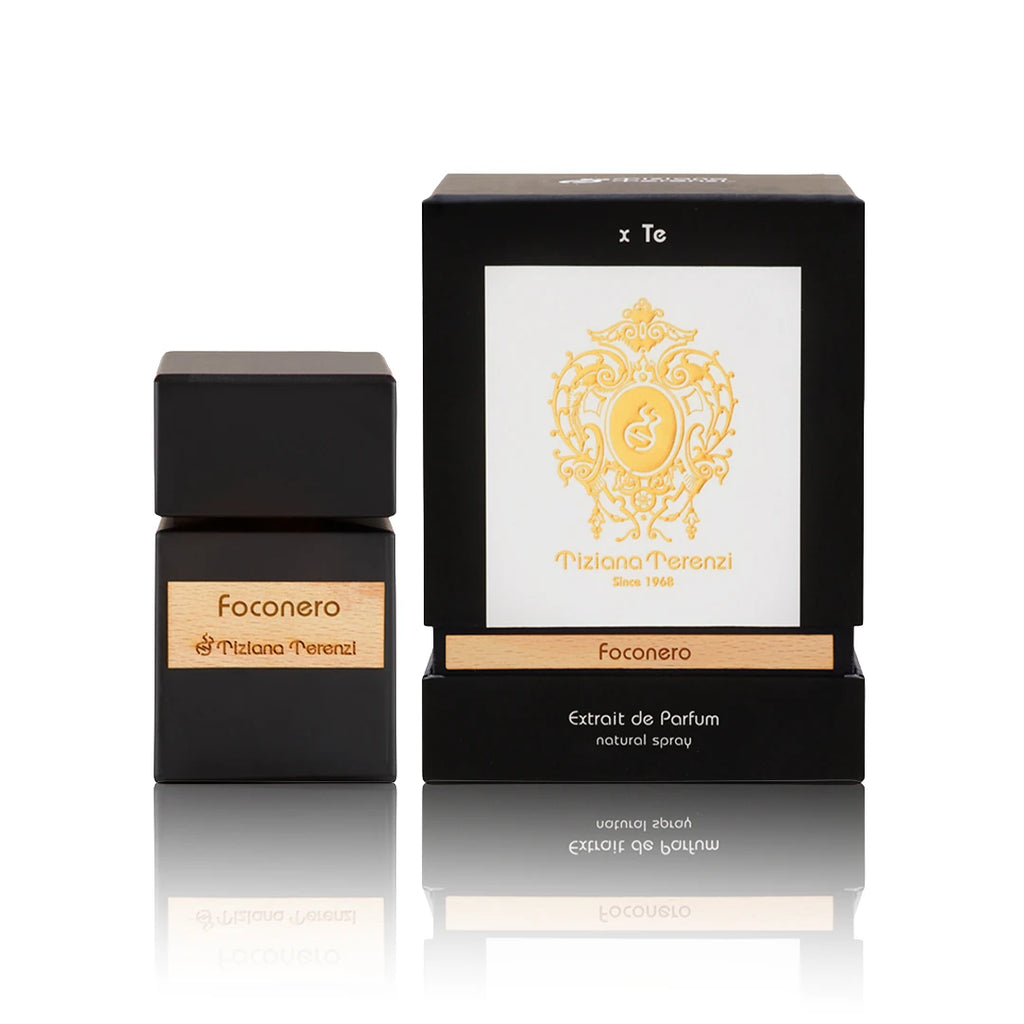 Tiziana Terenzi Foconero Extrait de Parfum 100 ml Flakon mit Originalverpackung auf weißem Hintergrund