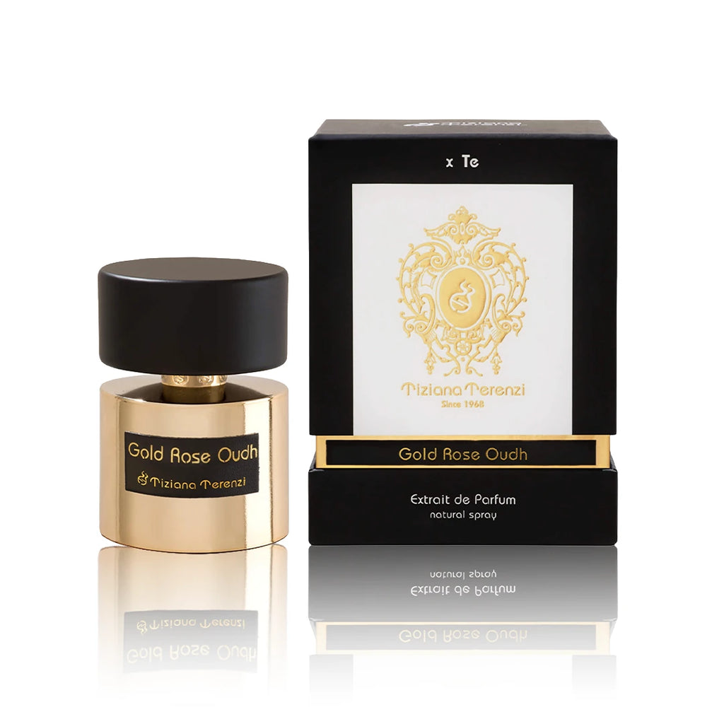 Tiziana Terenzi Gold Rose Oudh Extrait de Parfum 100 ml Flakon mit Originalverpackung auf weißem Hintergrund