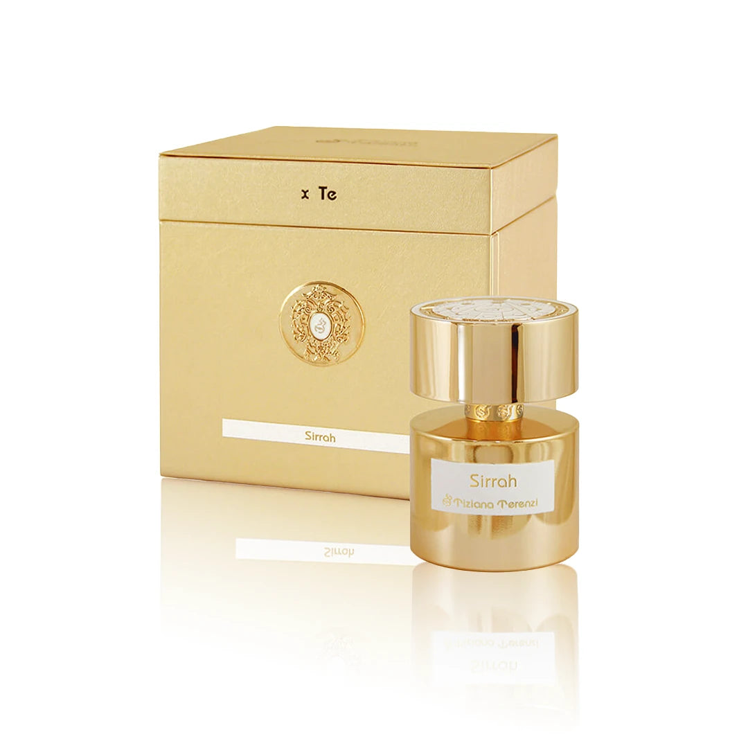 Tiziana Terenzi Sirrah Extrait de Parfum 100 ml Flakon mit Originalverpackung auf weißem Hintergrund