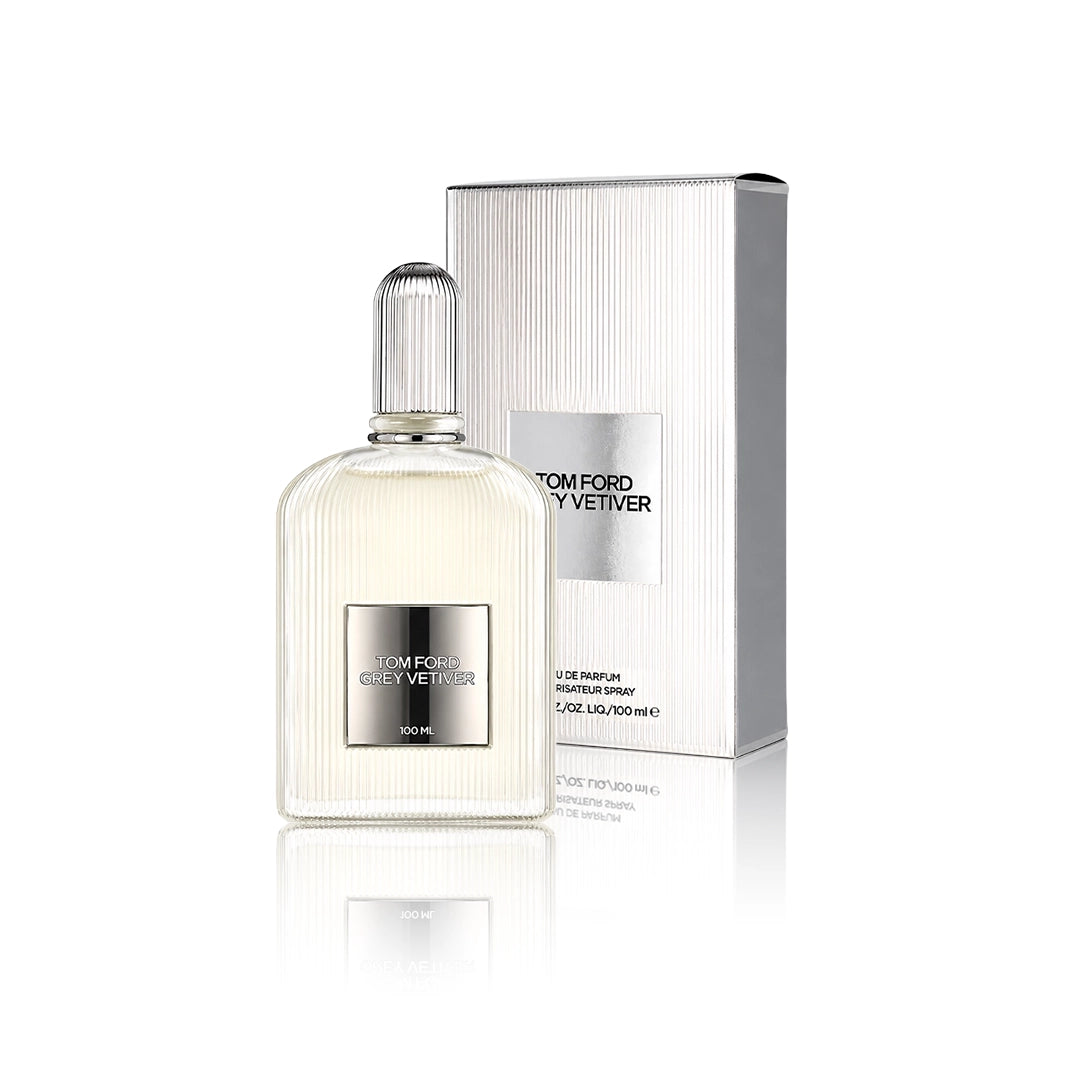 Tom Ford Grey Vetiver Eau de Parfum 100 ml Flakon mit Originalverpackung auf weißem Hintergrund