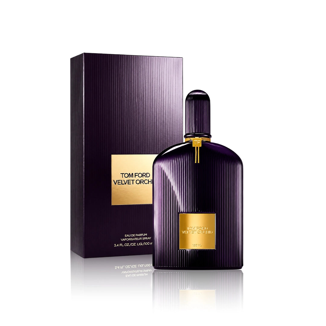 Tom Ford Velvet Orchid Eau de Parfum 100 ml Flakon mit Originalverpackung auf weißem Hintergrund