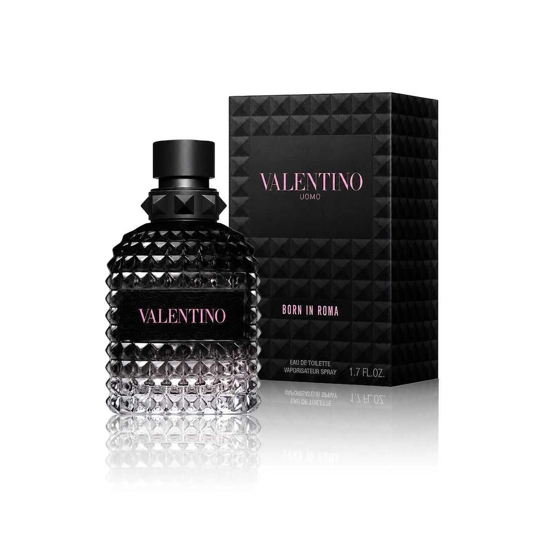 Valentino Uomo Born in Roma Eau de Toilette 50 ml Flakon mit Originalverpackung auf weißem Hintergrund