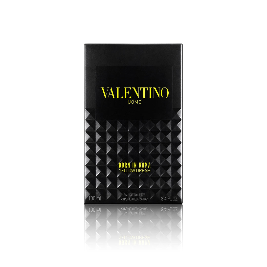 Valentino Uomo Born in Roma Yellow Dream Eau de Toilette 100 ml mit Originalverpackung auf weißem Hintergrund