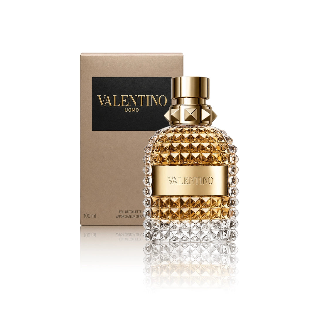 Valentino Uomo Eau de Toilette 100 ml Flakon mit Originalverpackung auf weißem Hintergrund