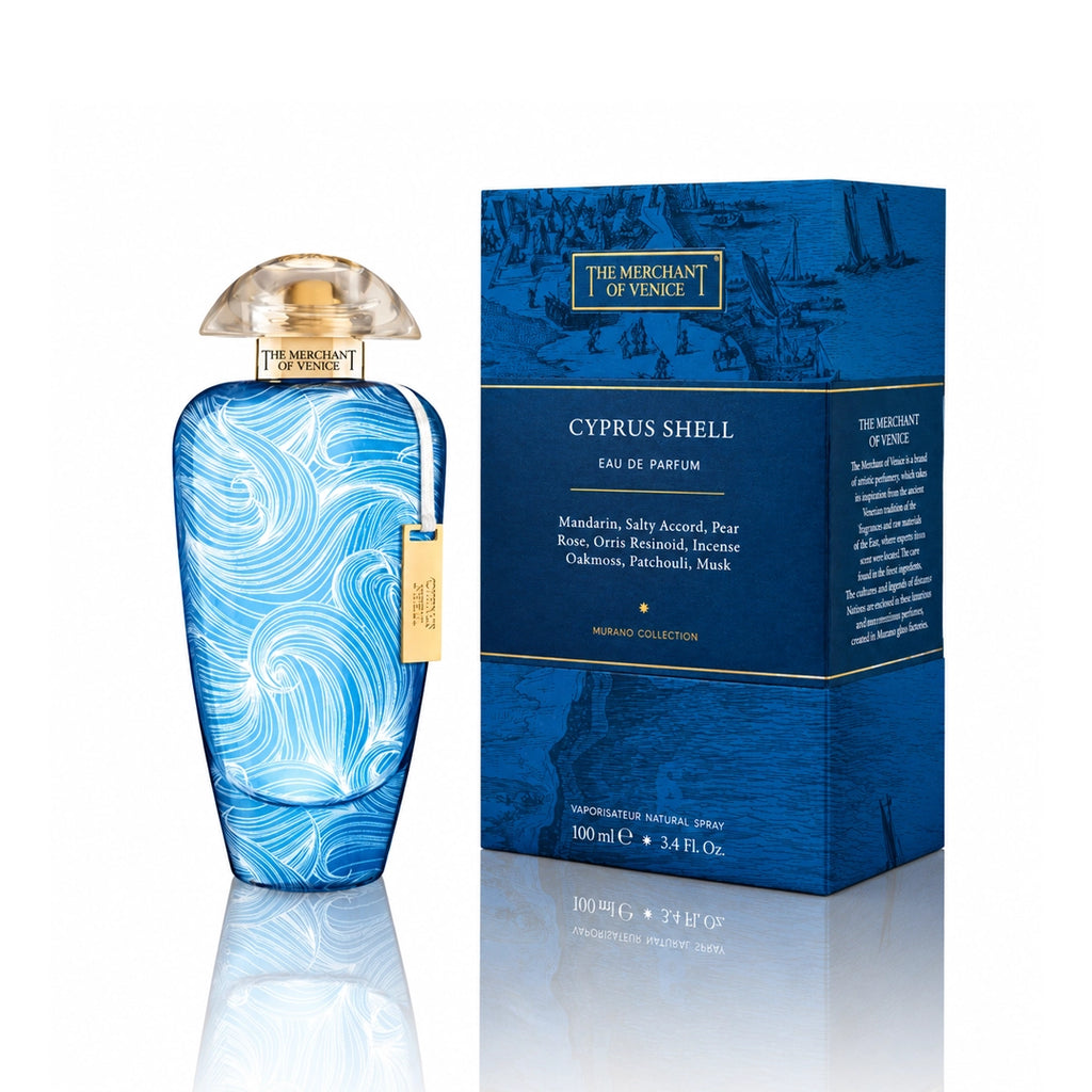 The Merchant of Venice Cyprus Shell Eau de Parfum 100 ml Flakon mit Originalverpackung auf weißem Hintergrund