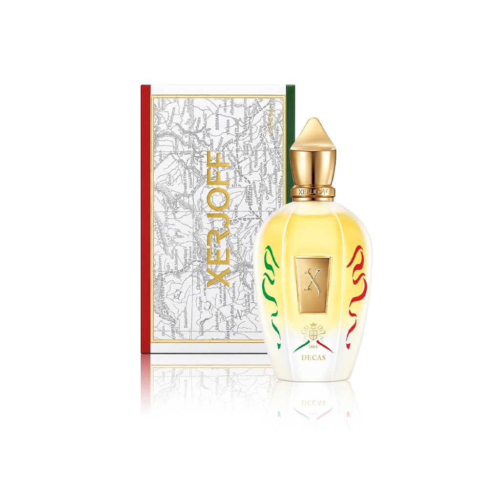 Xerjoff Decas Eau de Parfum 100 ml Flakon mit Originalverpackung auf weißem Hintergrund