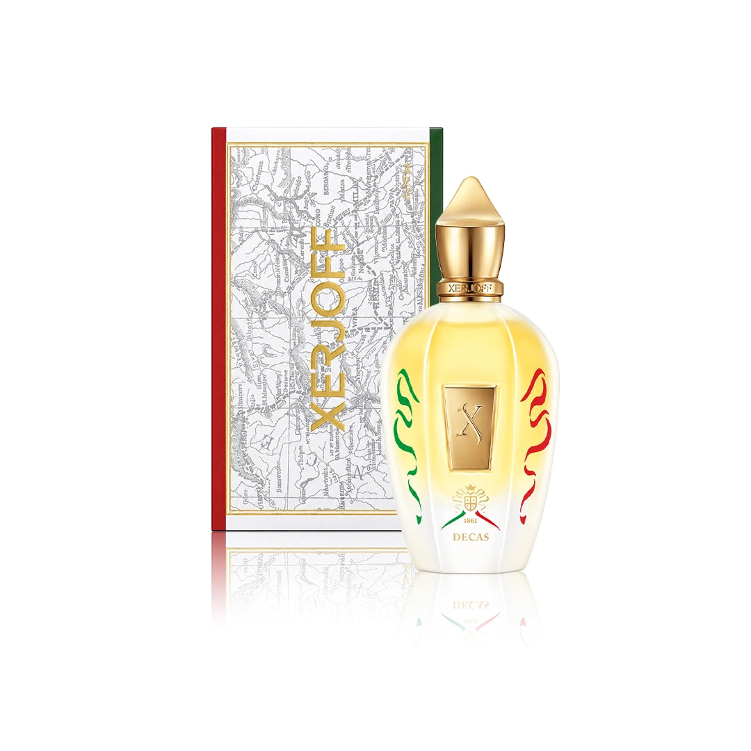 Xerjoff Decas Eau de Parfum 100 ml Flakon mit Originalverpackung auf weißem Hintergrund