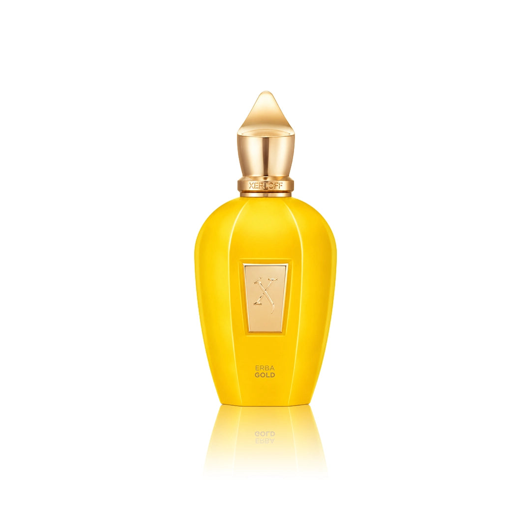Xerjoff Vibe Erba Gold Eau de Parfum 50 ml Flakon auf weißem Hintergrund