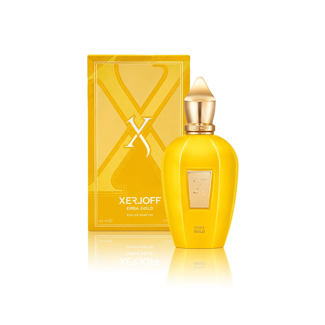Xerjoff Vibe Erba Gold Eau de Parfum 50 ml Flakon mit Originalverpackung auf weißem Hintergrund