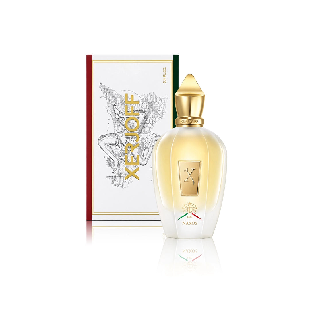 Xerjoff Naxos Eau de Parfum 100 ml Flakon mit Originalverpackung auf weißem Hintergrund