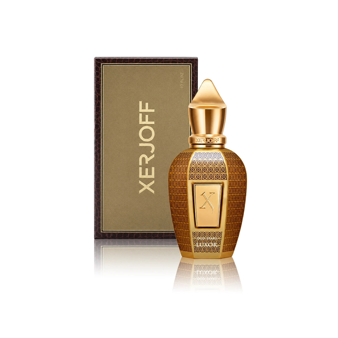Xerjoff Oud Stars Luxor Eau de Parfum 50 ml Flakon mit Originalverpackung auf weißem Hintergrund