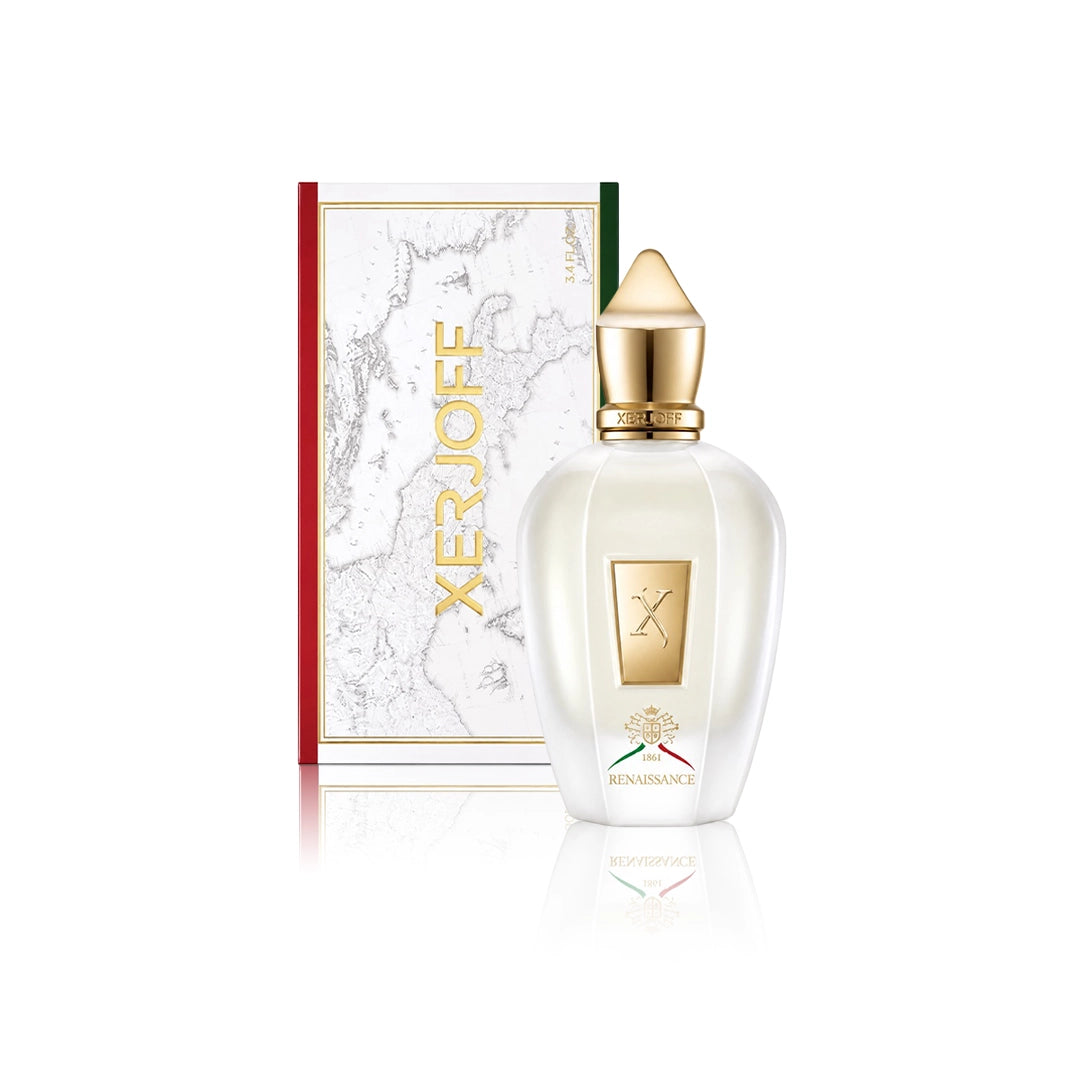 Xerjoff Renaissance Eau de Parfum 100 ml Flakon mit Originalverpackung auf weißem Hintergrund