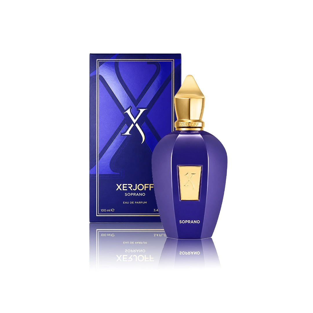 Xerjoff Soprano Eau de Parfum 100 ml Flakon mit Originalverpackung auf weißem Hintergrund