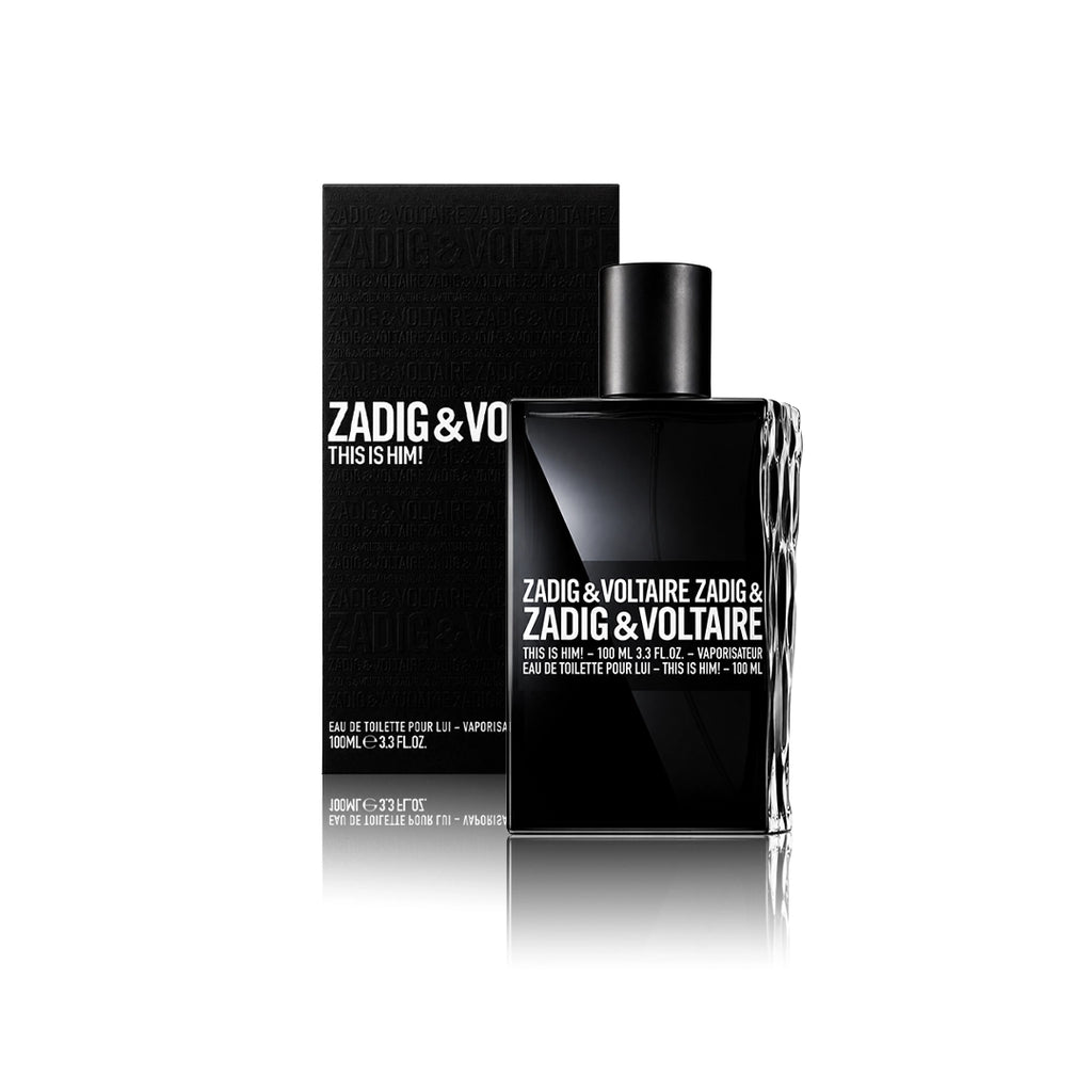 Zadig & Voltaire This Is Him! Eau de Toilette 100 ml Flakon mit Originalverpackung auf weißem Hintergrund