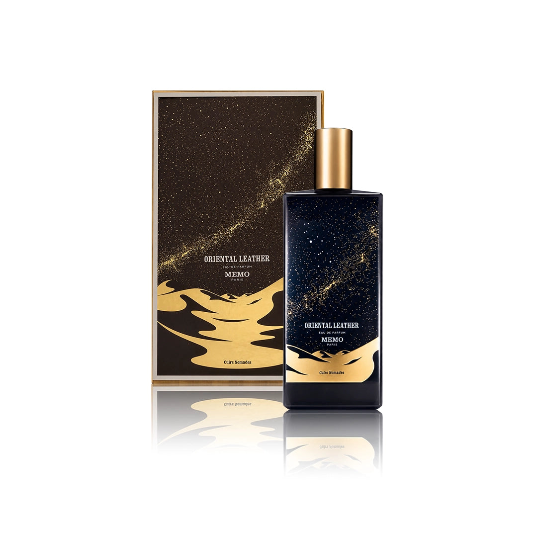 Memo Paris Oriental Leather Eau de Parfum 75 ml Flakon mit Originalverpackung auf weißem Hintergrund