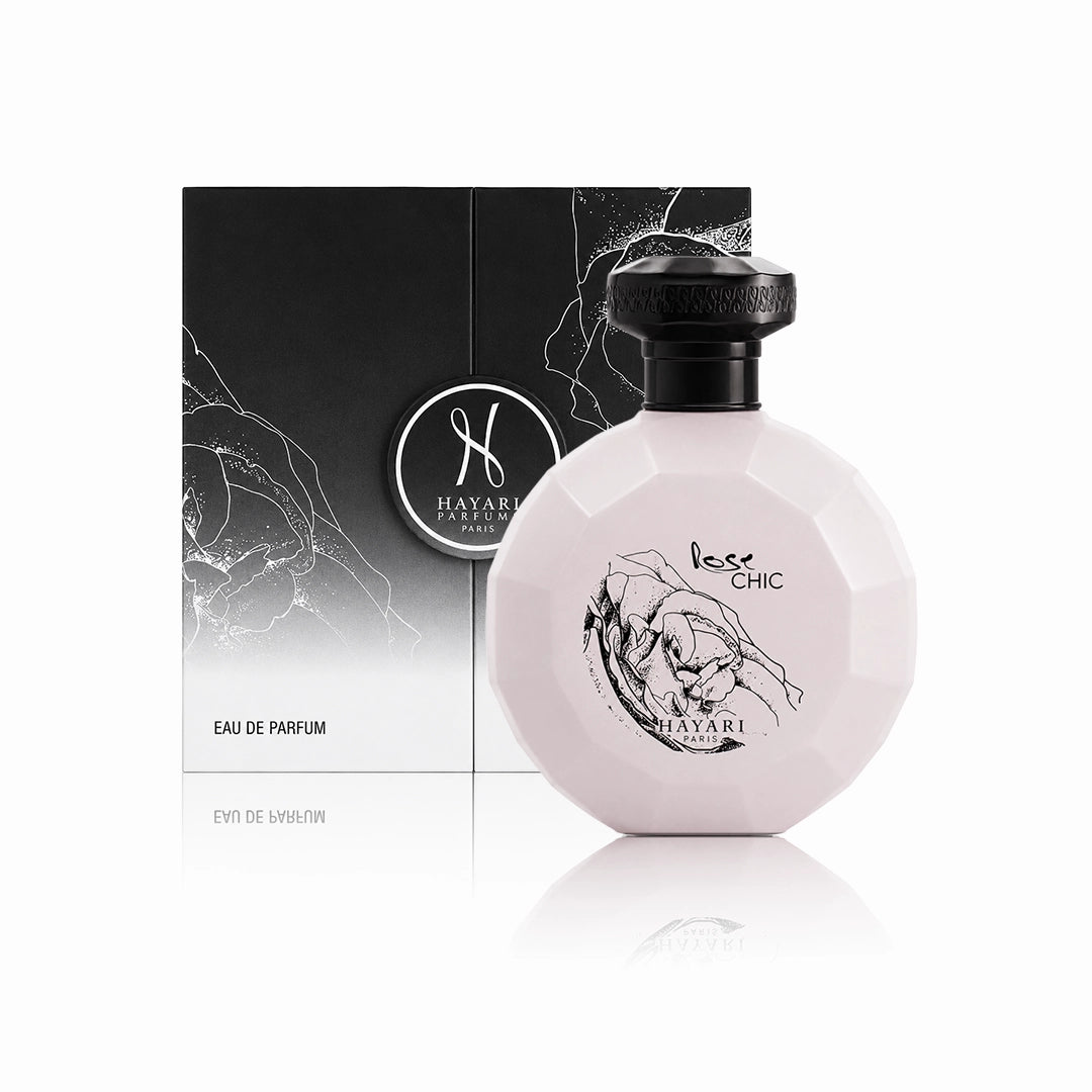 Hayari Rose Chic Eau de Parfum 100 ml Flakon mit Originalverpackung auf weißem Hintergrund