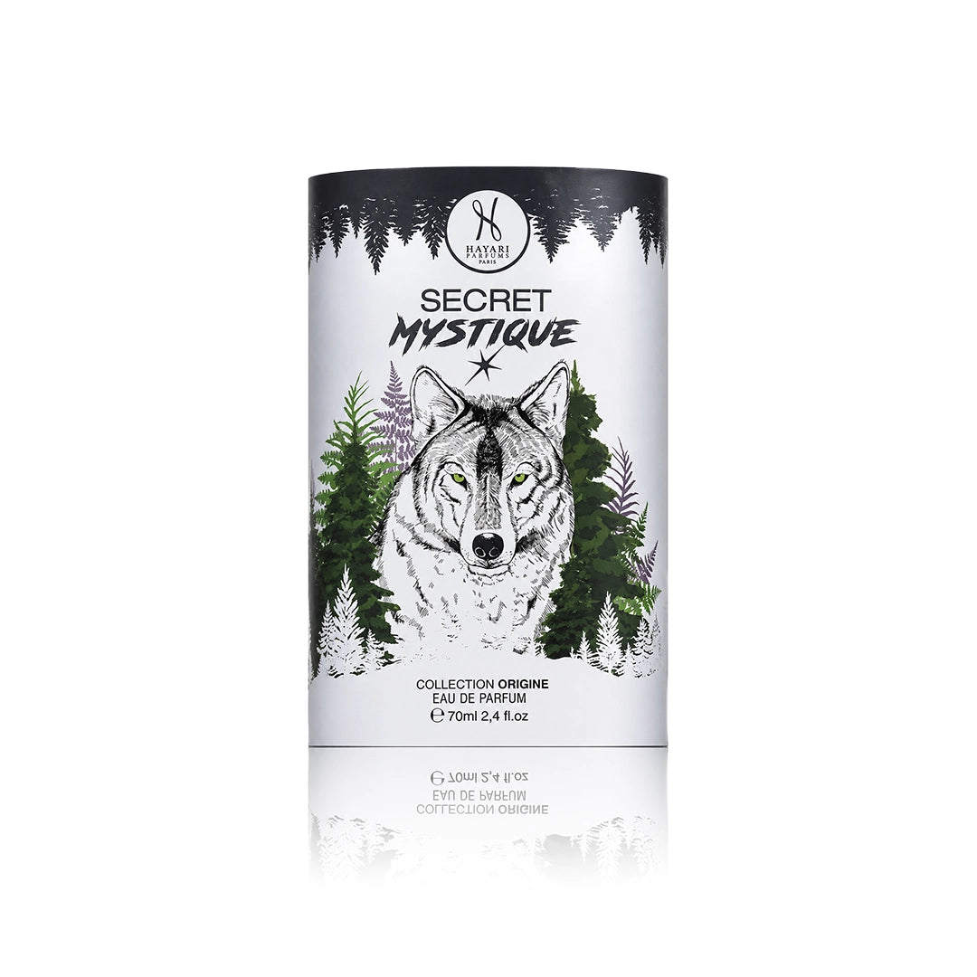 Hayari Secret Mystique Eau de Parfum 70 ml mit Originalverpackung auf weißem Hintergrund