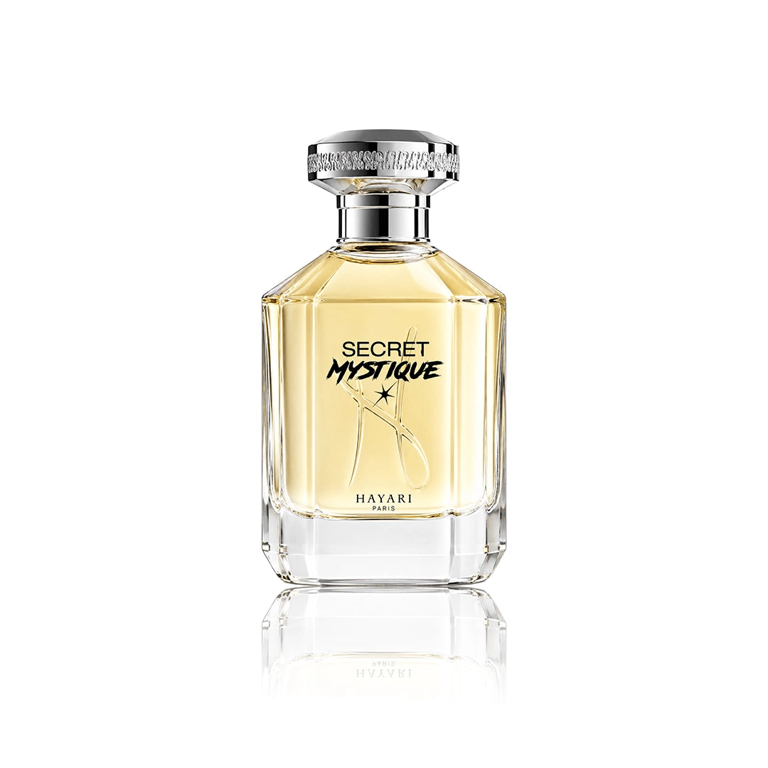 Hayari Secret Mystique Eau de Parfum 70 ml Flakon auf weißem Hintergrund