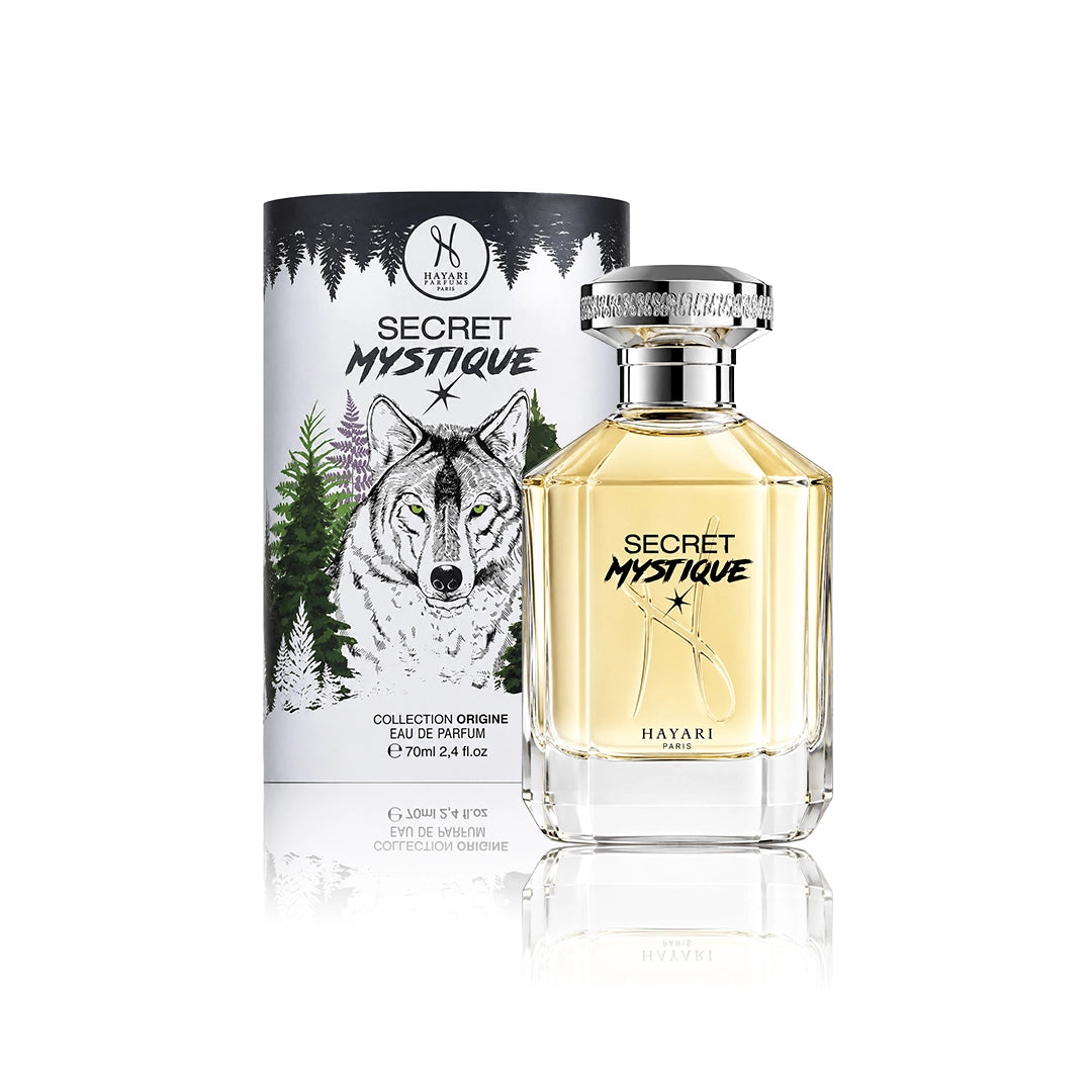 Hayari Secret Mystique Eau de Parfum 70 ml Flakon mit Originalverpackung auf weißem Hintergrund