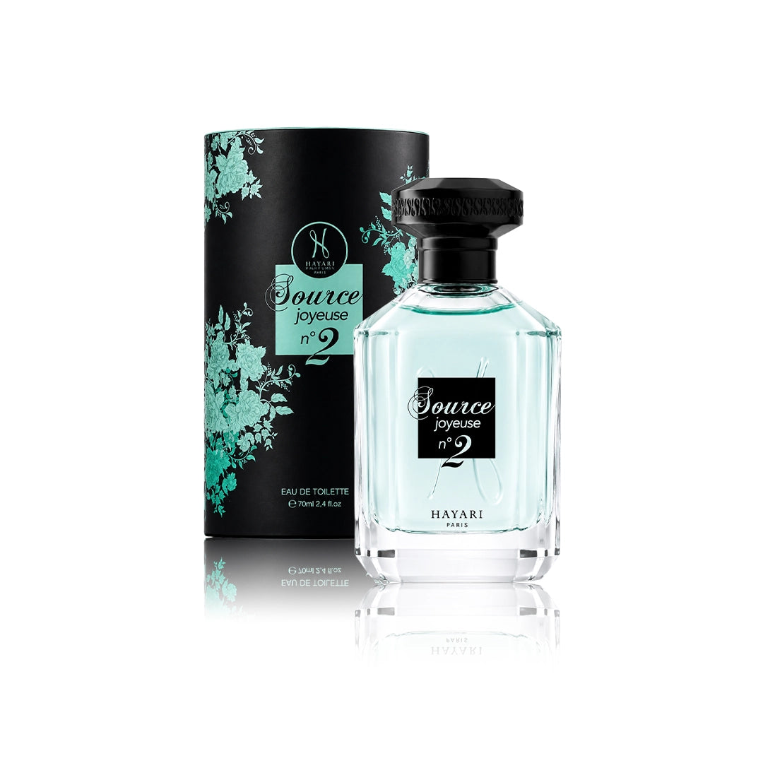 Hayari Source Joyeuse N°2 Eau de Parfum 70 ml Flakon mit Originalverpackung auf weißem Hintergrund