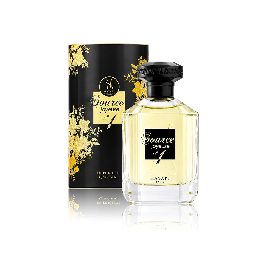 Hayari Source Joyeuse N°1 Eau de Parfum 70 ml Flakon mit Originalverpackung auf weißem Hintergrund
